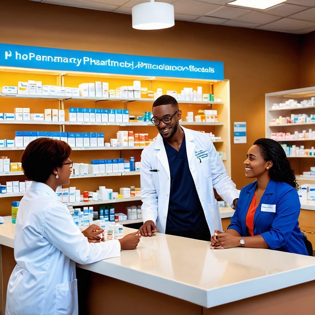 A diverse group of pharmacy professionals engaging with a patient in a bright, welcoming pharmacy setting, showcasing various prescription medication bottles on the counter. The atmosphere conveys trust and safety, with a warm color palette and educational posters on the walls. Include visuals of pills and a consultation area to emphasize effective communication and guidance. super-realistic. vibrant colors. warm lighting.