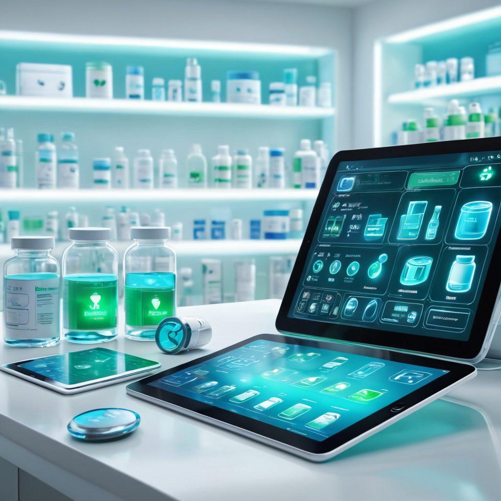 A futuristic pharmacy scene showcasing an online pharmacy interface on a sleek digital tablet, surrounded by glowing prescription bottles and holographic medical icons. In the background, a diverse group of people interact with technology, highlighting the convenience of online medication access. Soft blue and green lighting symbolizes trust and innovation in healthcare. super-realistic. vibrant colors. white background.