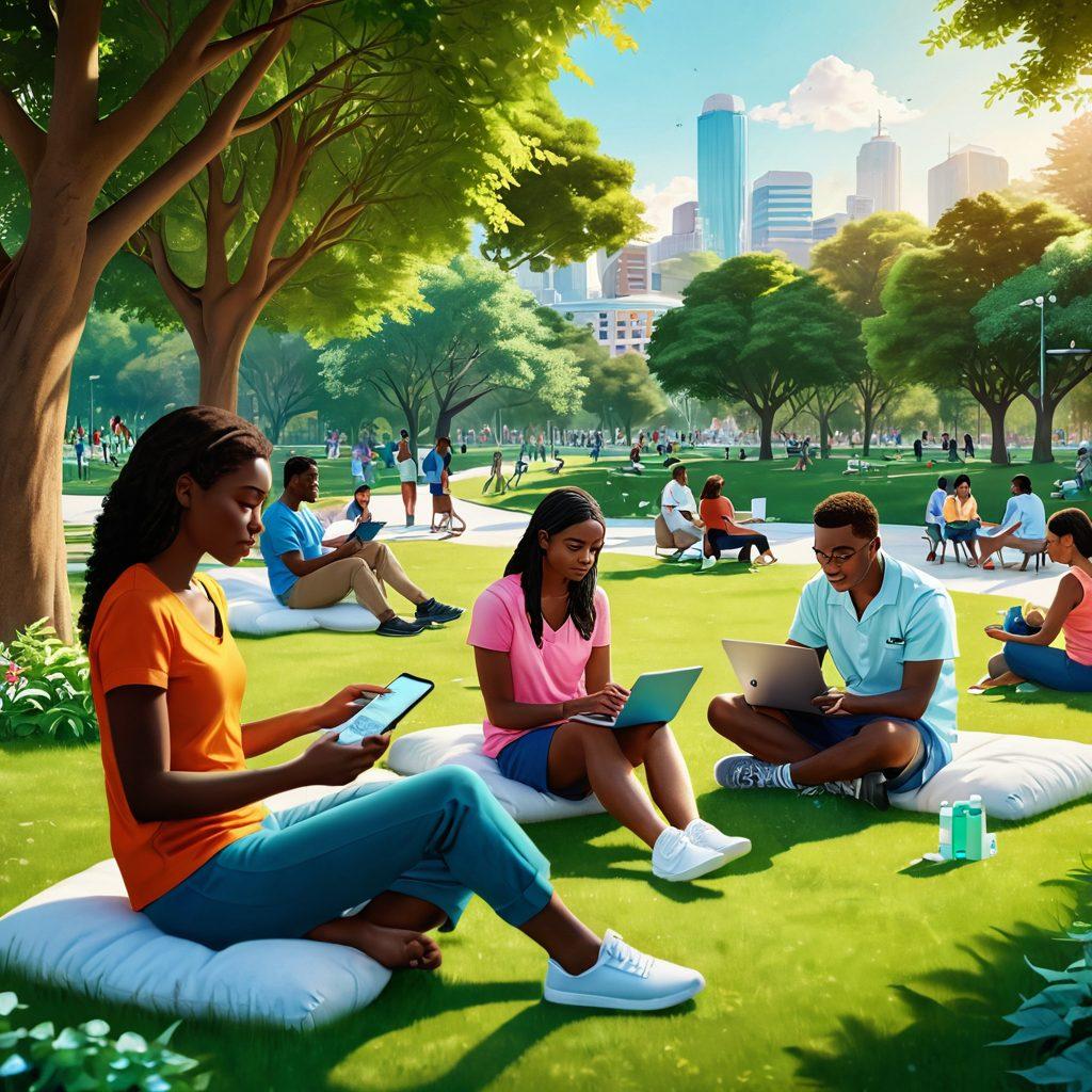 A serene and inviting digital landscape featuring a diverse group of individuals engaging with their devices, researching medication information while sitting in a lush park. The scene includes illustrations of prescription bottles, a laptop with pharmacy websites open, and a bright sun shining down, symbolizing empowerment and wellness in healthcare. The characters exhibit a range of emotions from curiosity to relief. super-realistic. vibrant colors. 3D.
